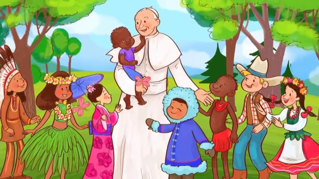 Rysunek Jana Pawła II z dziećmi do druku i kolorowania dla katolików